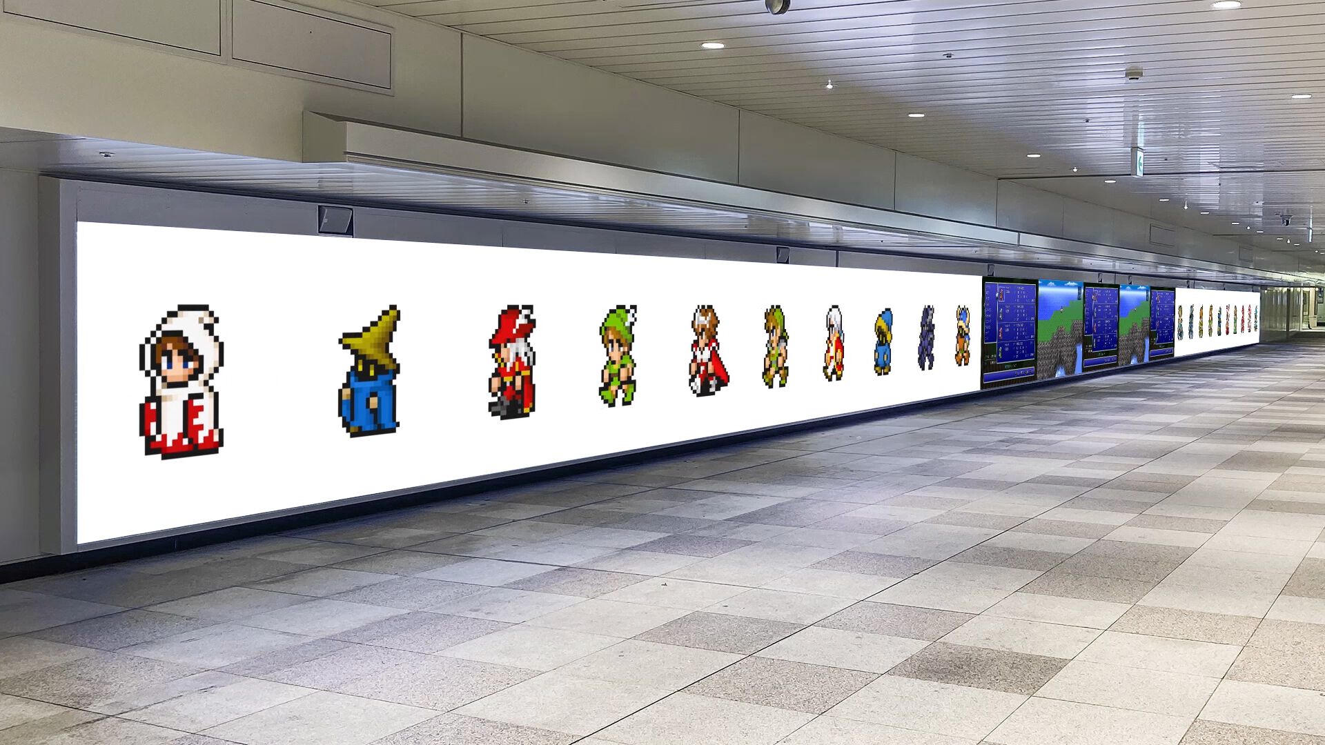 『FFI』~『FFVI』のドットキャラが新宿駅に出現!!『FFピクセルリマスター』スペシャルムービーが大型ビジョンで放映中