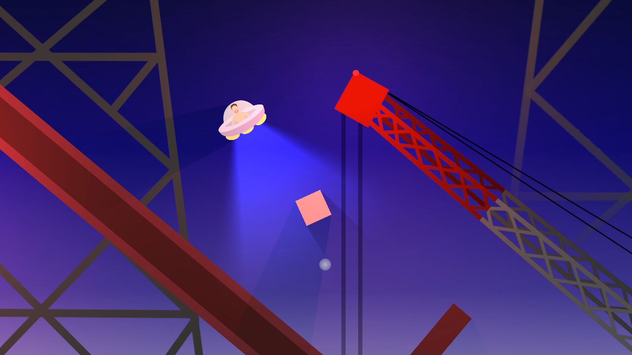 壺おじライク鬼畜ゲーム『UFO-Man』体験版が配信。UFOで四角い荷物頂上へ運ぶシンプルなルール。接触しただけで簡単に落ちちゃうのにイライラ