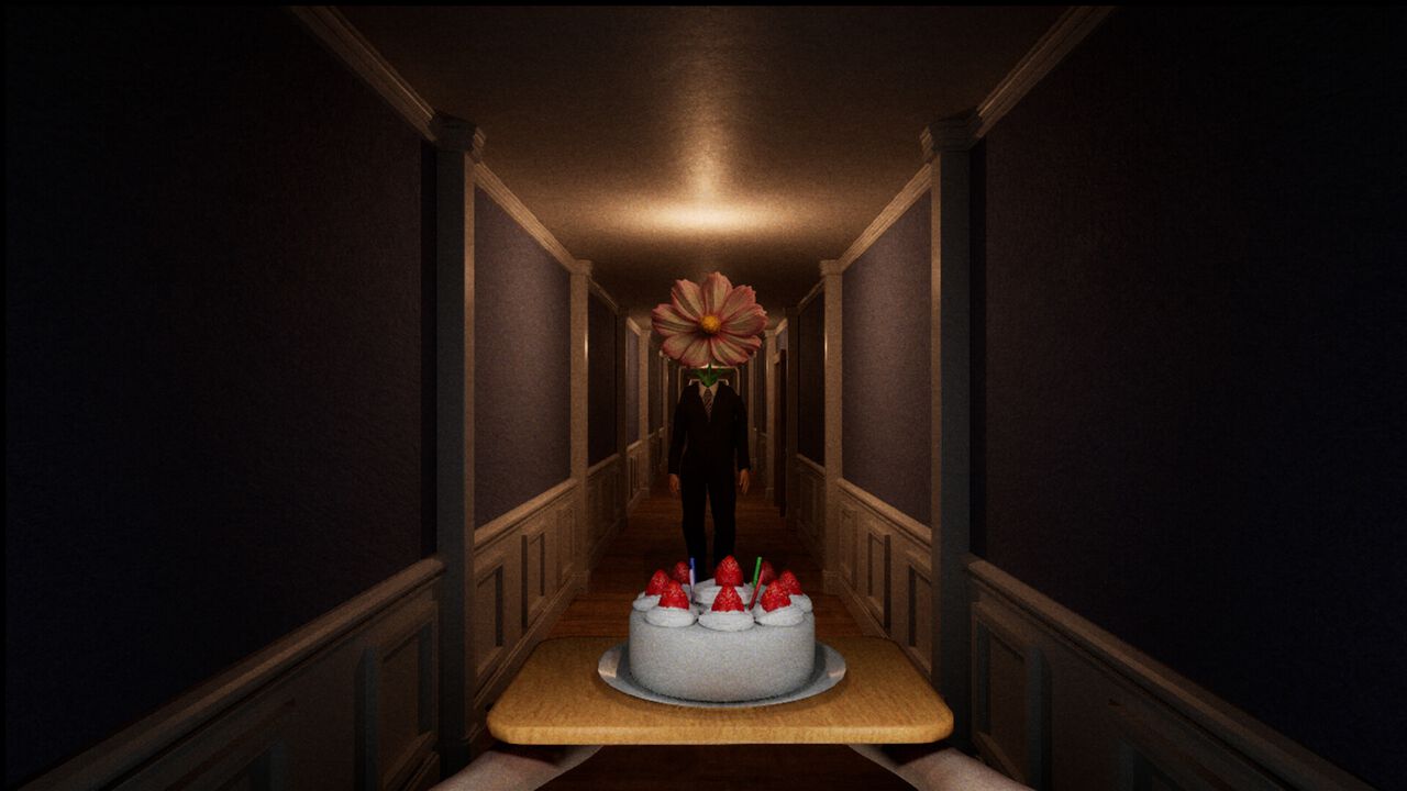 『Don't Drop The Cake』異形にビビらずケーキを運ぶホラーゲームが発表。マウス操作でケーキのバランスを維持。スーツ姿の花頭など個性的な異形が動揺を誘う