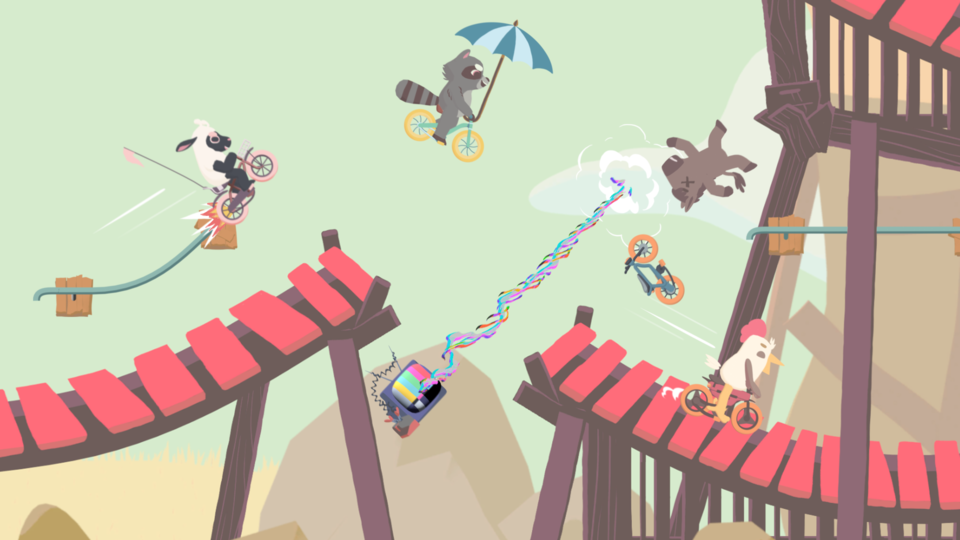 『Ultimate Sheep Raccoon』今度はチャリに乗って最大8人バトルだぜ！　罠だらけの対戦パーティーゲーム『Ultimate Chicken Horse』に続編が発表