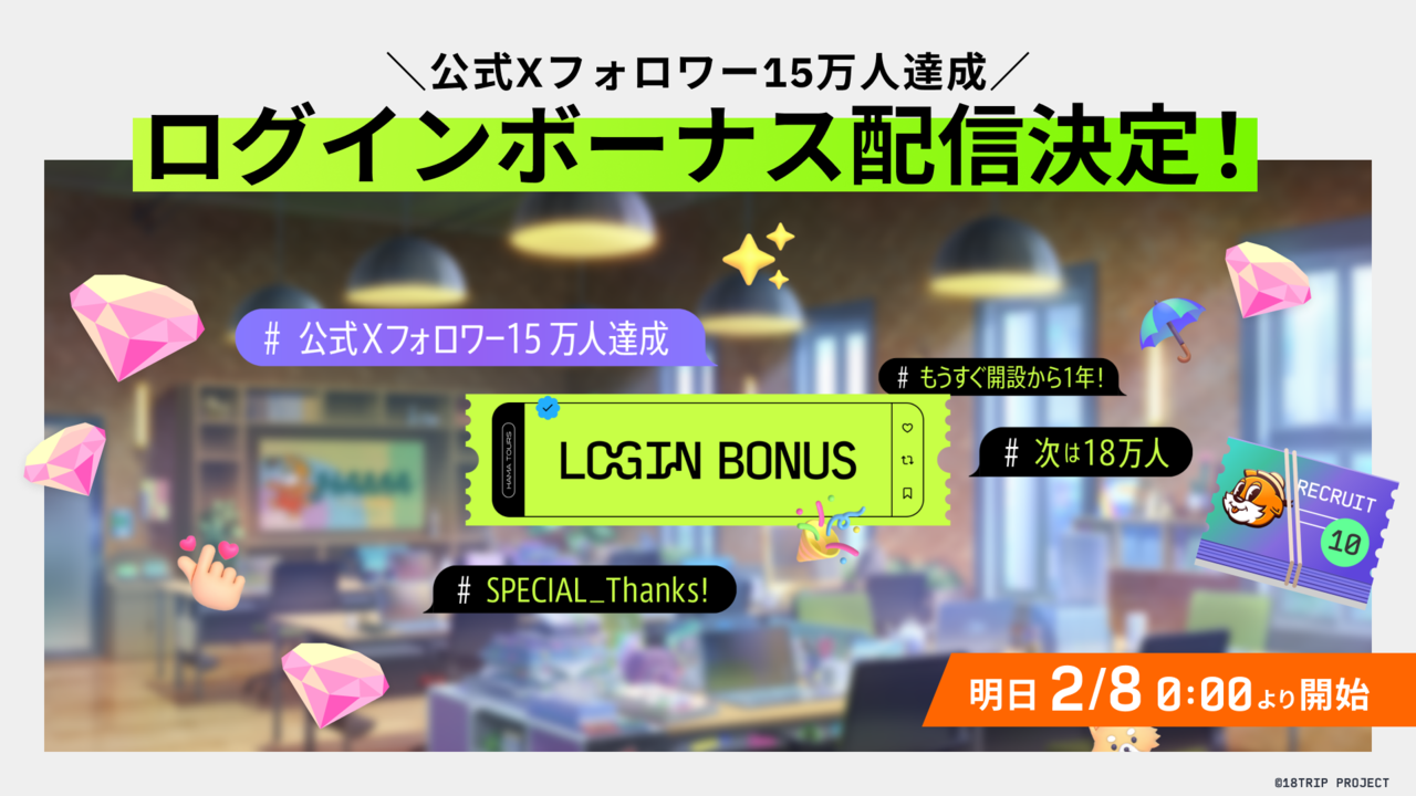 『18TRIP』フォロワー15万人達成を記念して10連リクルートチケット＆ダイヤ30個配布決定。4月20日開催リアルイベントのキービジュアルや“JTB”コラボ企画詳細も公開