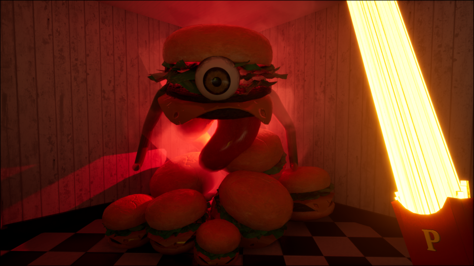『デスバーガー』光り輝くフライドポテトセーバーで巨大ハンバーガーに立ち向かい、モノを浮かせる力“モース”で道を切り開くホラーアドベンチャーのSteamページが公開