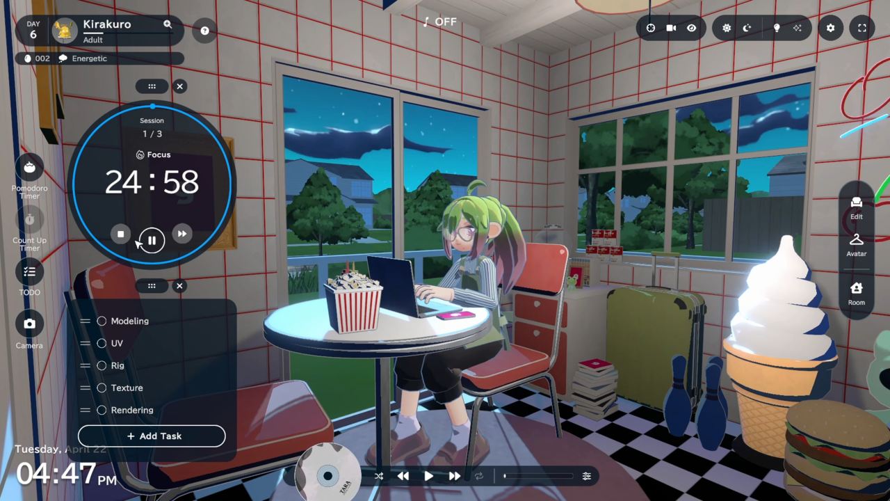 『gogh（ゴッホ）: Focus with Your Avatar』アニメ調アバターの作業集中ツールゲー。デモ版から要素追加。チルい音楽とともにアバターやルーム編集機能も