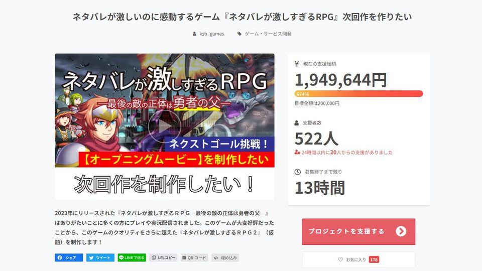 『ネタバレが激しすぎるRPG』続編制作のためのクラウドファンディングが目標金額の974%に到達【追記あり】