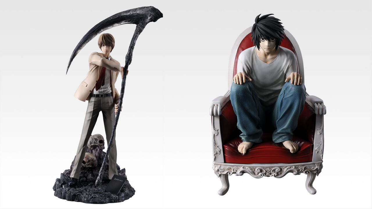 『デスノート』鎌を持つ“夜神月”、おなじみの座り方をする“L”が精巧な造形でフィギュア化。原作イラストのアクリルボードなど一番くじの賞品が先行公開