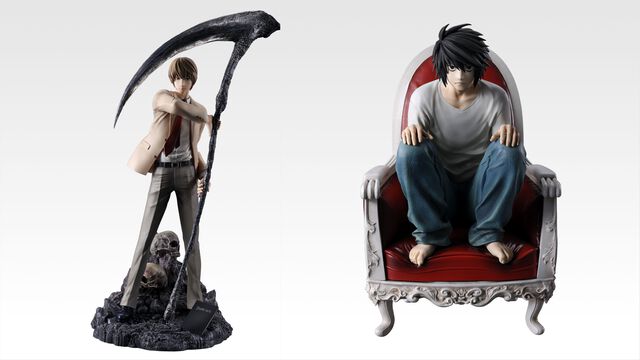 『デスノート』鎌を持つ“夜神月”、おなじみの座り方をする“L”が精巧な造形でフィギュア化。原作イラストのアクリルボードなど一番くじの賞品が先行公開