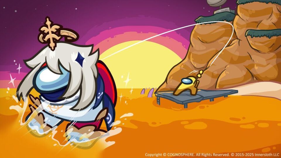 『アモングアス』×『原神』コラボ開催。非常食でおなじみ“パイモン”のかわいいコスチュームセット＆紋章ネームプレートが期間中のログインで無料配布