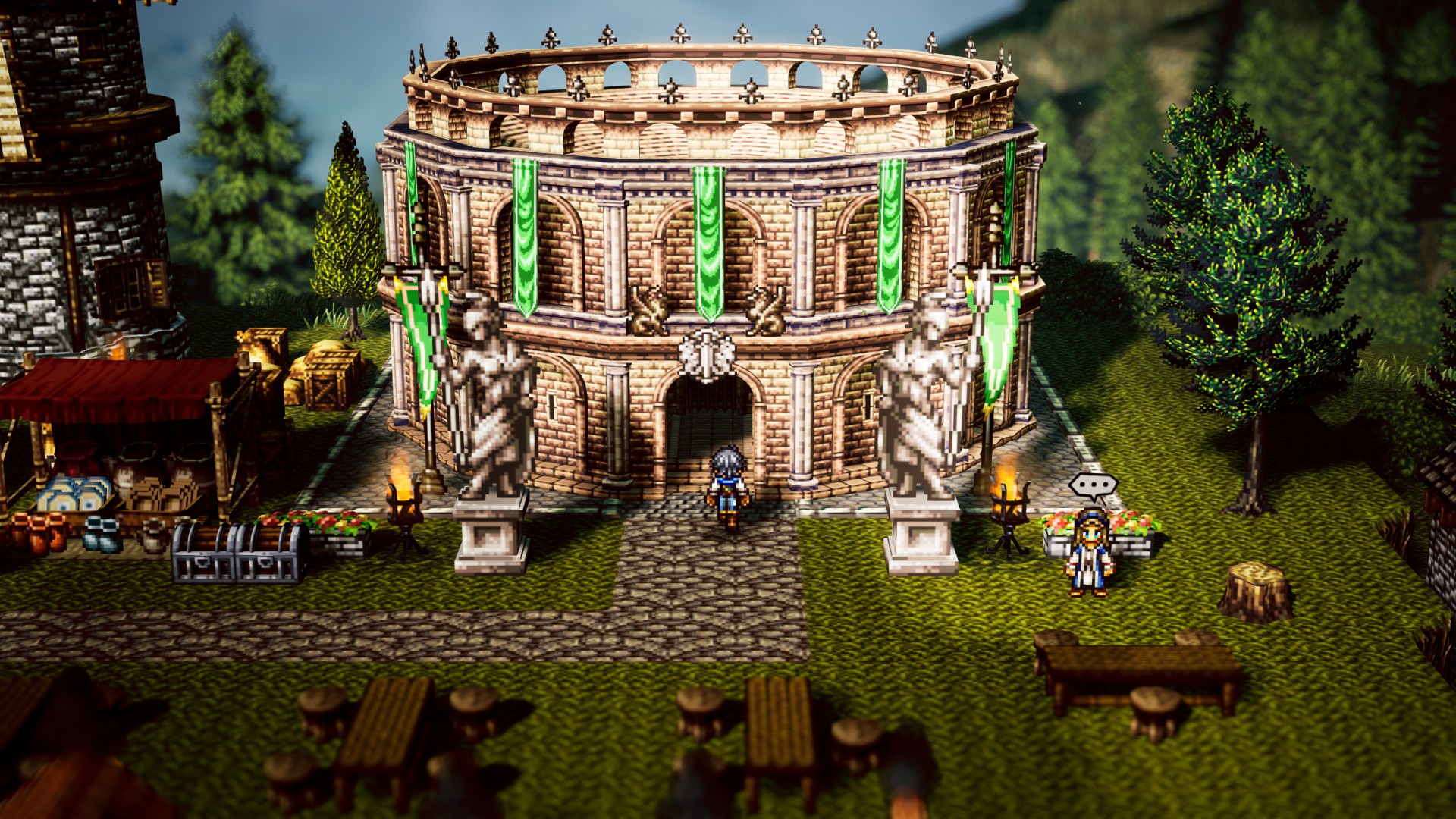 『オクトパストラベラー0』オルステラ大陸の支配を目論む暴虐の王とそれに立ち向かう仲間たちが新たに公開。魔物闘技場など新システム“タウンビルド”で建設できる建物も紹介