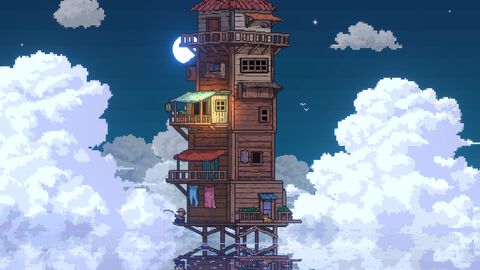 『CELESTAY』水に沈んだ世界で家を空へと増築していく放置系ゲーム。釣りで素材を集めたり、空に浮かぶ星座を見つけたりして過ごすチルなひととき