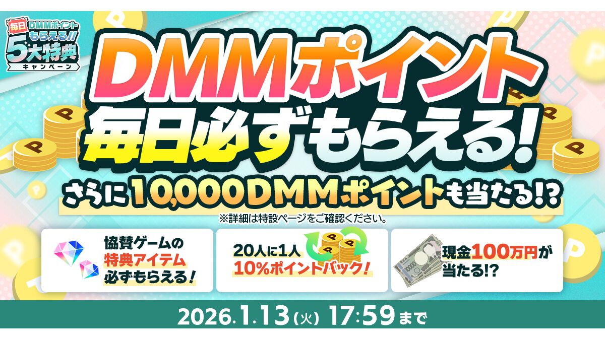 ゲームを遊んで現金100万円、最大1万DMMポイントを当てよう。特典 