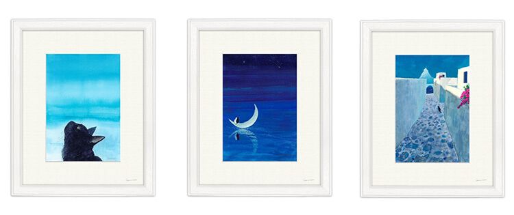 (F4号）安藤絵流「蒼い瞳のねこ」真作/肉筆/表裏にサイン有り/黒猫 黒猫が旅する様子を水彩画で幻想的に描くごまらーめんの作品集『黒猫の