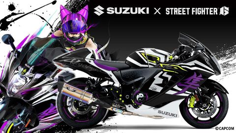 『スト6』ジュリの2Pカラーをイメージしたコラボバイク第2弾“ハヤブサ”がCAPCOM CUP 12にて展示決定。バイクに跨って記念撮影を行うと記念ポストカードもプレゼント