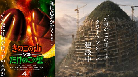 『劇場版 きのこの山 VS たけのこの里』の公開が決定。監督・脚本・音楽すべてきのこの山とたけのこの里。リアルたけのこの里の建築も開始【エイプリルフール】