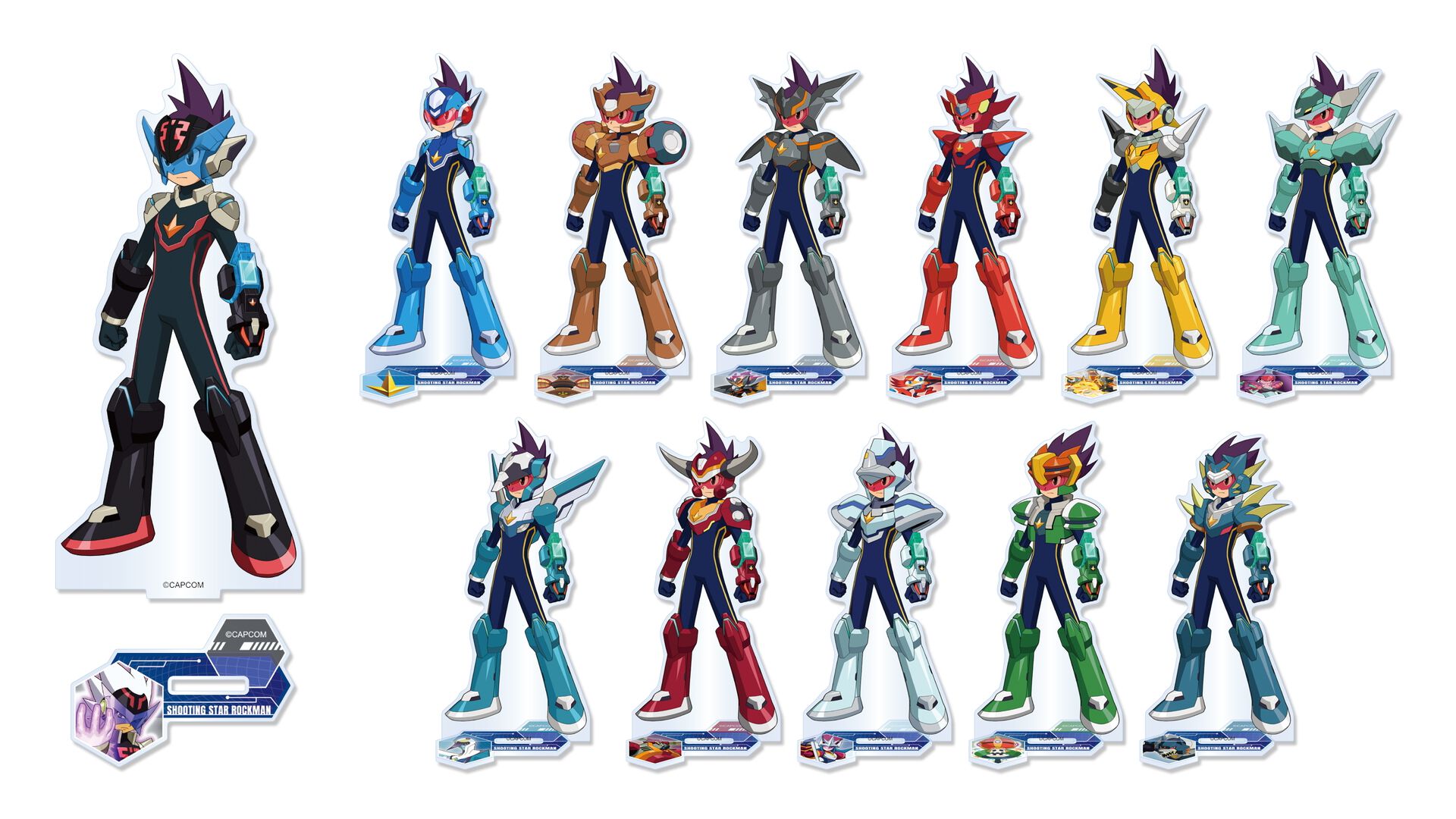 『流星のロックマン』ノイズチェンジ姿のアクスタ、ブラックエース&レッドジョーカーのシャツが当たる。カプコンオンラインくじが発売