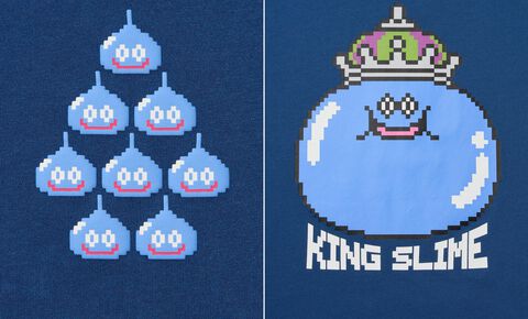 『ドラクエ』ユニクロUTが4月29日発売。いまにも合体しそうなスライム8匹、合体後のキングスライムをドット絵で再現したデザインがかわいい