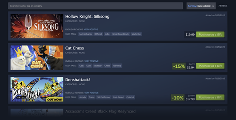 Steamアプデでウィッシュリストのカテゴリ分けが可能に。誕生日等にゲームを買ってもらうギフト購入もよりやりやすく
