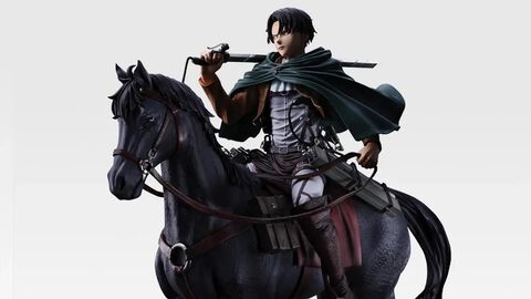 『進撃の巨人』一番くじが発売。馬にまたがるリヴァイ兵長が約30cmサイズで登場。エレンやミカサの“心臓を捧げよ”フィギュアもラインアップ