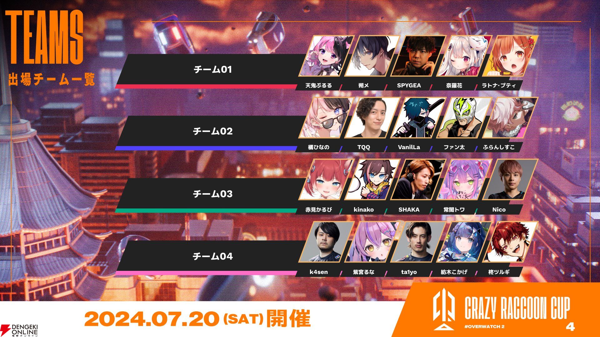 『オーバーウォッチ2』第4回“CRカップ”7月20日開催。SHAKA、常闇トワ、k4sen、橘ひなの、奈羅花、ta1yoなどが出場