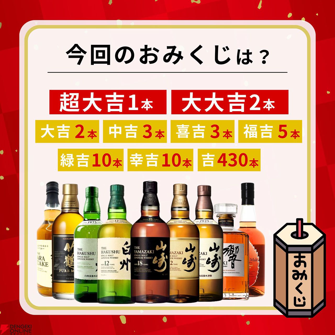 山崎18年、山崎12年、白州12年、響JH、イチローズモルトWWRなどが6,980円当たるかも!?  ハズれなしの『ジャパニーズウイスキー限定みくじ』第1弾が販売中 - 電撃オンライン