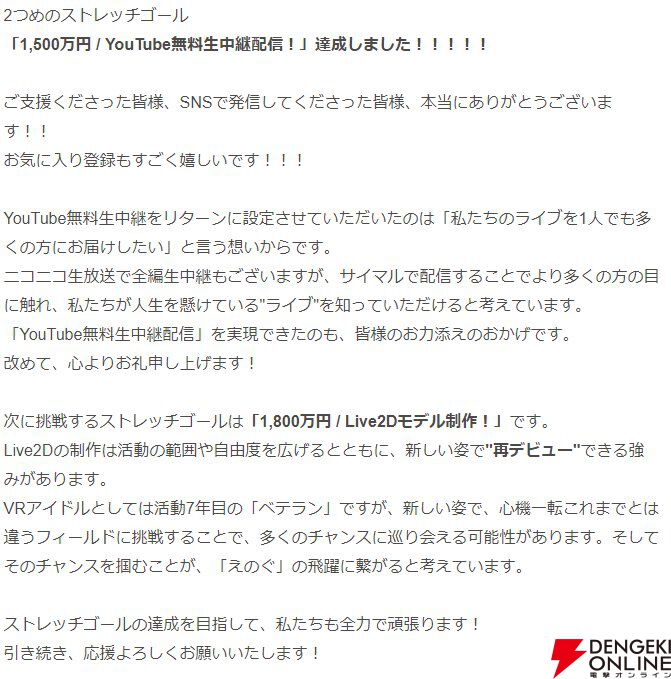 VRアイドル・えのぐ、挑戦中のクラファンが2つめのストレッチゴールを達成！ シークレットだった4つめのゴールはライブBDの制作＆一般販売!!