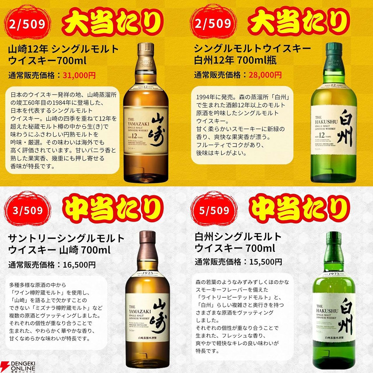 白州25年が4,980円で当たるかも!? 山崎12年、白州12年、山崎シングル、響JH、イチローズモルト リミテッドなども当たる『ウイスキーくじ』第1弾が販売中  - 電撃オンライン