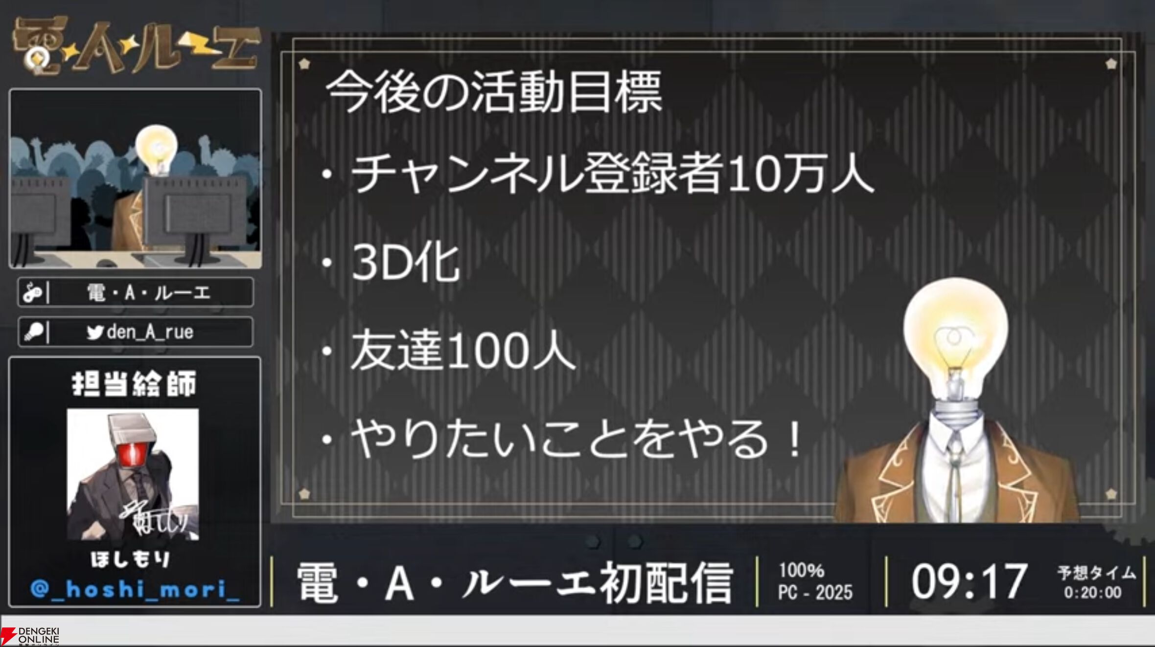電球頭の新人VTuber、電・A・ルーエさんが初配信を実施。同接8千人を集める中で初配信RTAを完走