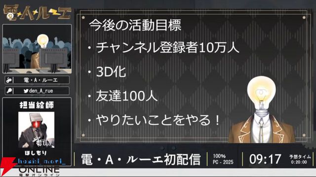 電球頭の新人VTuber、電・A・ルーエさんが初配信を実施。同接8千人を集める中で初配信RTAを完走