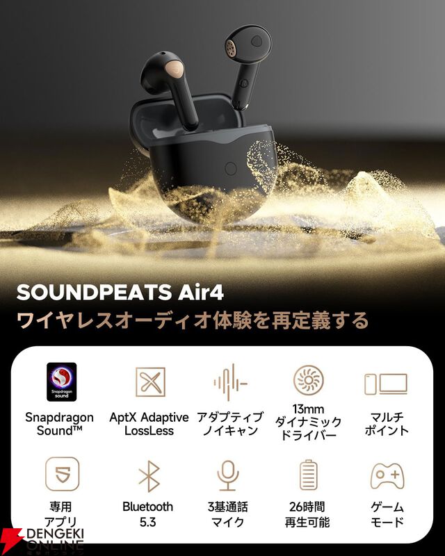 ワイヤレスイヤホンSOUNDPEATS Air4が半額セールで4,490円の大特価。低価格ながらハイレゾクオリティでの音楽再生も可能な次世代型【楽天スーパーセール】