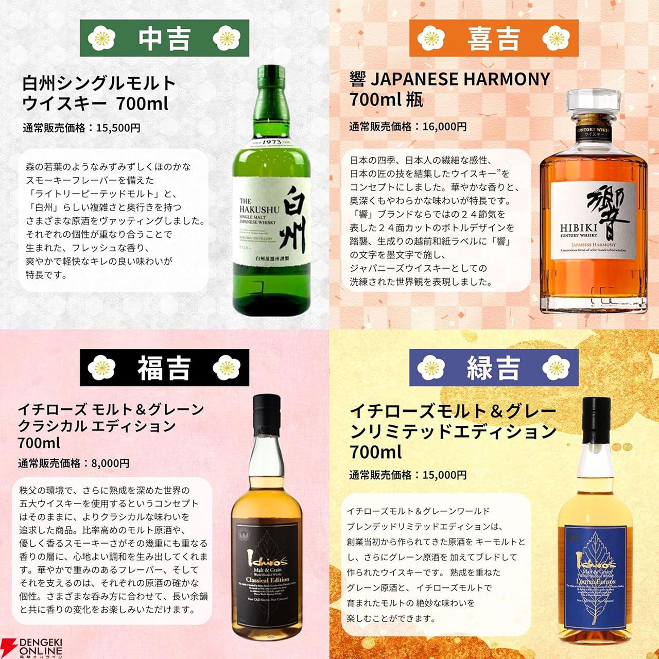 山崎18年、山崎12年、白州12年、響JH、イチローズモルト リミテッド、マッカラン12年、知多などが3,980円で当たる『ウイスキーみくじ』第45弾が販売開始