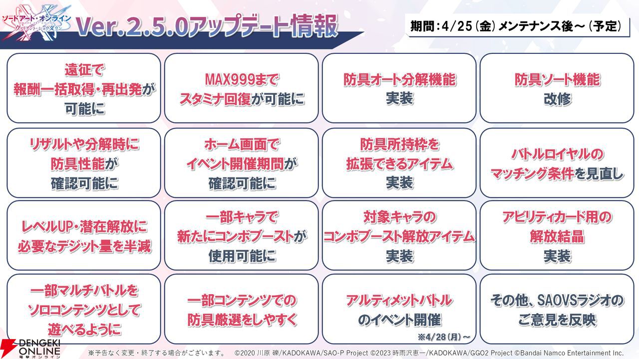 【SAOVS2.5周年情報まとめ】最大300連無料スカウトや15項目の大量アプデ！ 4/28からはミト＆レンの新規スカウトも