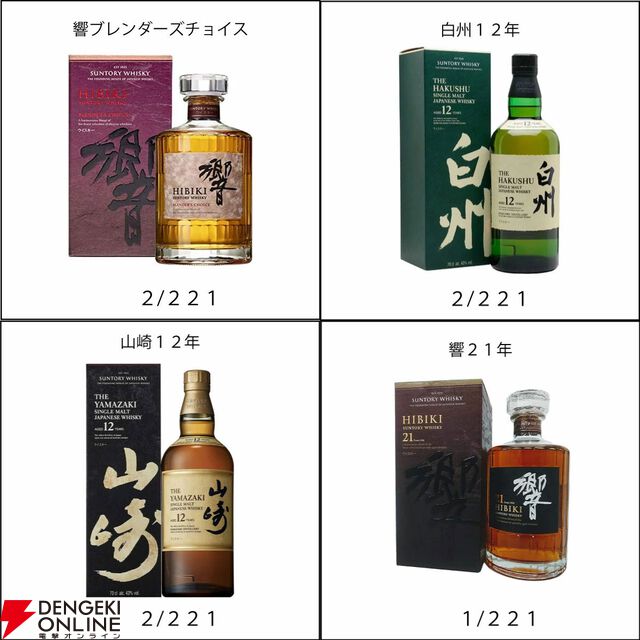 響21年、山崎12年、白州12年、響BC、山崎NV、白州NV、竹鶴のどれかが約1/5.5で当たる『ウイスキーくじ』が販売中