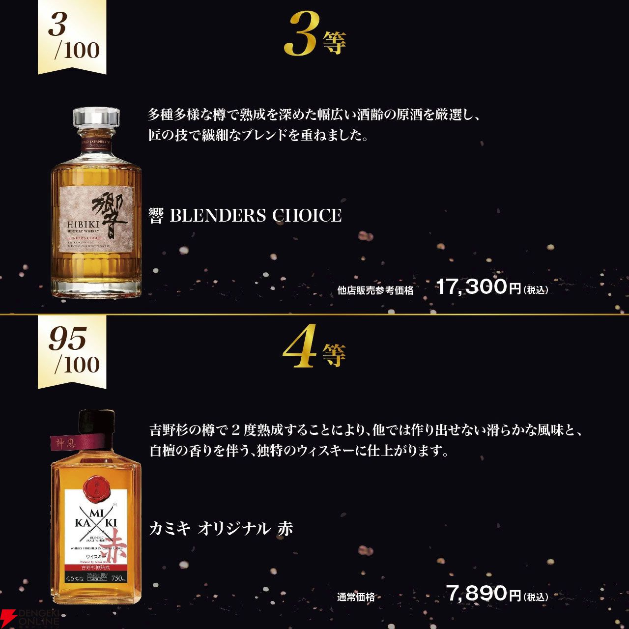 7,980円で響21年、山崎12年、響BC、神息（カミキ）赤のどれかが届く。何が当たってもハズれなしの『ウイスキーくじ』が販売中