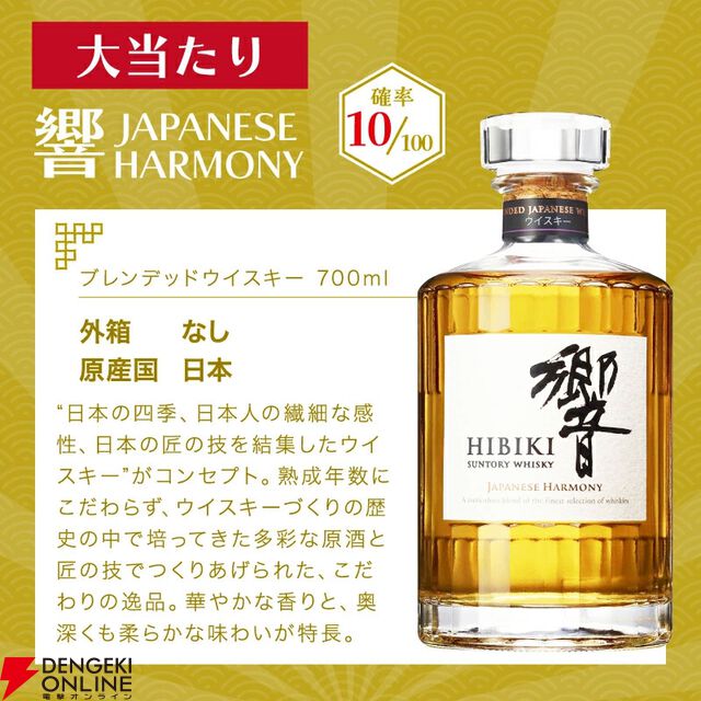 1/10で響JHが当たる。ハズれは余市or宮城峡が届く7,700円の『ウイスキーくじ』が販売中