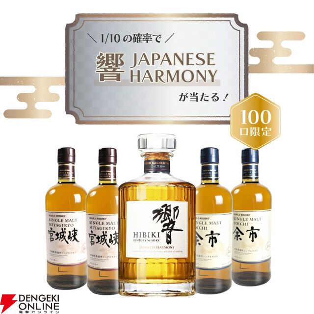 1/10で響JHが当たる。ハズれは余市or宮城峡が届く7,700円の『ウイスキーくじ』が販売中
