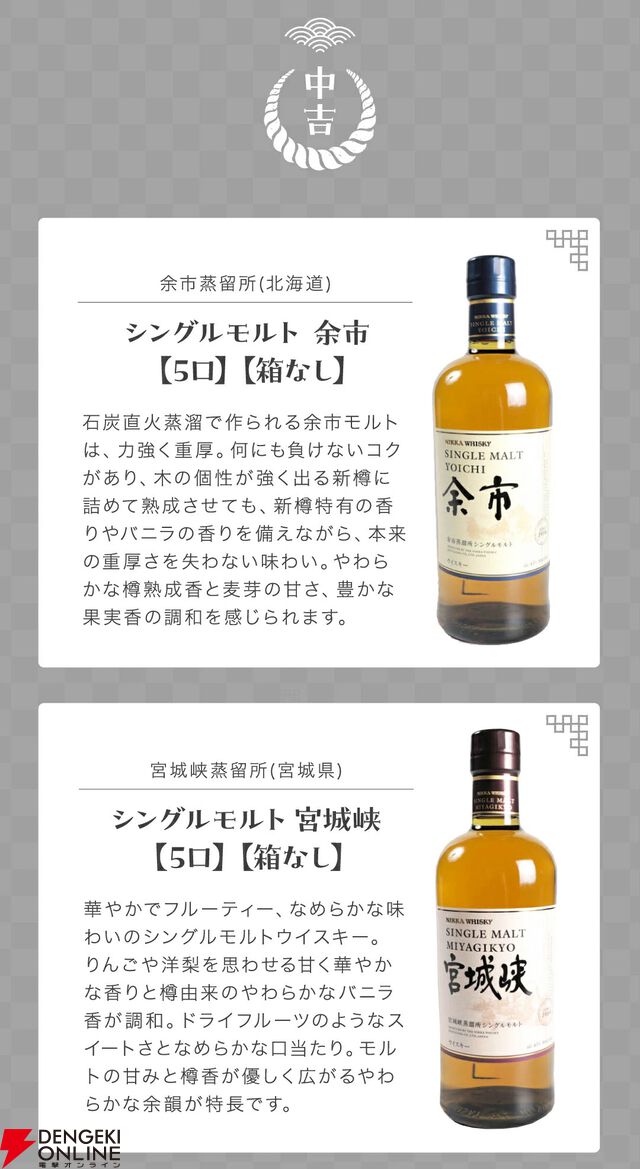 響21年が1/100、山崎12年、余市10年、響BCは1/50、そのほか竹鶴、ザ ニッカなど厳選された銘柄が6,900円で当たる『ウイスキーくじ』が販売中