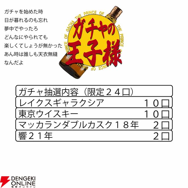 響21年、マッカラン18年ダブルカスクがそれぞれ1/12で当たり、そのほか東京ウイスキー、レイクスギャラクシアのどれかが当たる33,000円の『ウイスキーくじ』が販売中