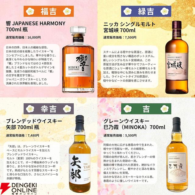 3,980円で響21年、山崎12年、白州12年、響JH、山崎NV、白州NVなどが当たる【特別企画】『ウイスキーみくじ』が販売中