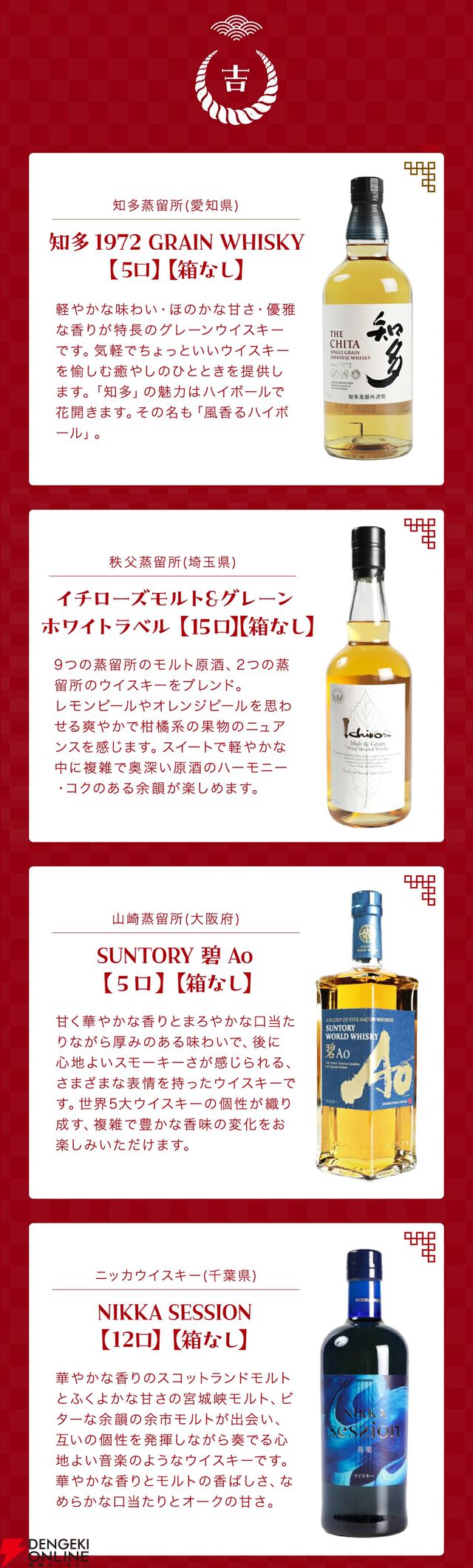 【合わせて5本に1本が当たり】響21年が1/100、山崎12年は約1/33、余市10年、響BCは1/50など厳選された銘柄が6,900円で当たる『ウイスキーくじ』が販売中