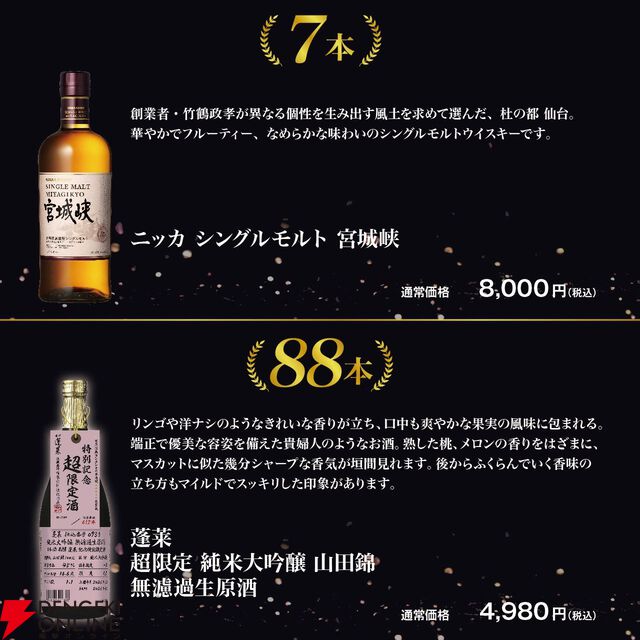 【すべて当たりのお得くじ】4,980円で山崎12年、響BC、イチローズモルトMWR、宮城峡、蓬莱 超限定 生原酒のどれかが当たるハズれなしの『ウイスキーくじ』が販売中。楽天スーパーセールでポイントも10倍