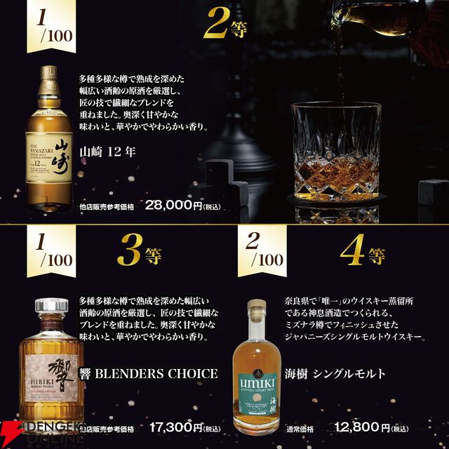 8,290円で響21年、山崎12年、響BC、海樹シングルモルトなどが当たる『ウイスキーくじ』が販売中