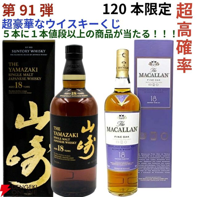 11,880円で山崎18年、マッカラン18年トリプルカスク、山崎・白州12年、厚岸 霜降・白露などが当たる『ウイスキーくじ』が販売中。5本に1本が当たり