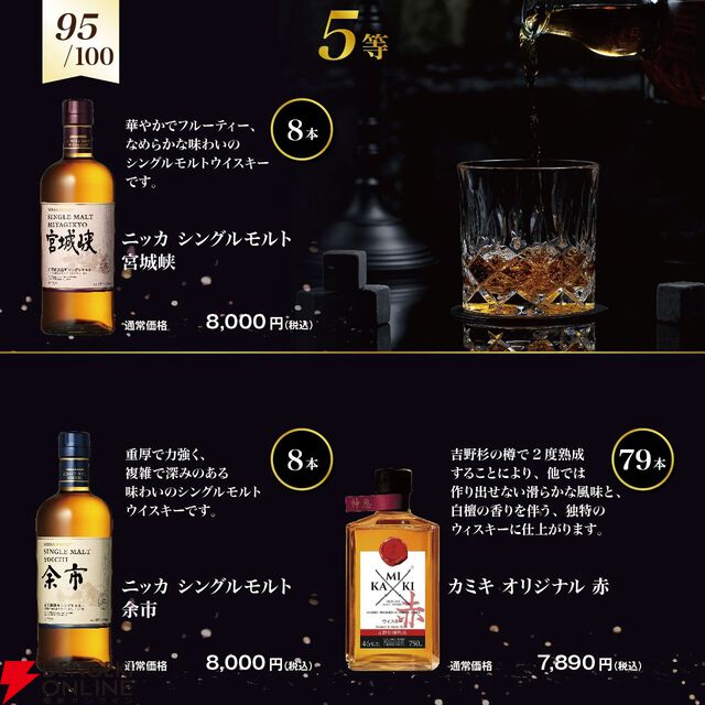 8,290円で響21年、山崎12年、響BC、海樹シングルモルトなどが当たる『ウイスキーくじ』が販売中