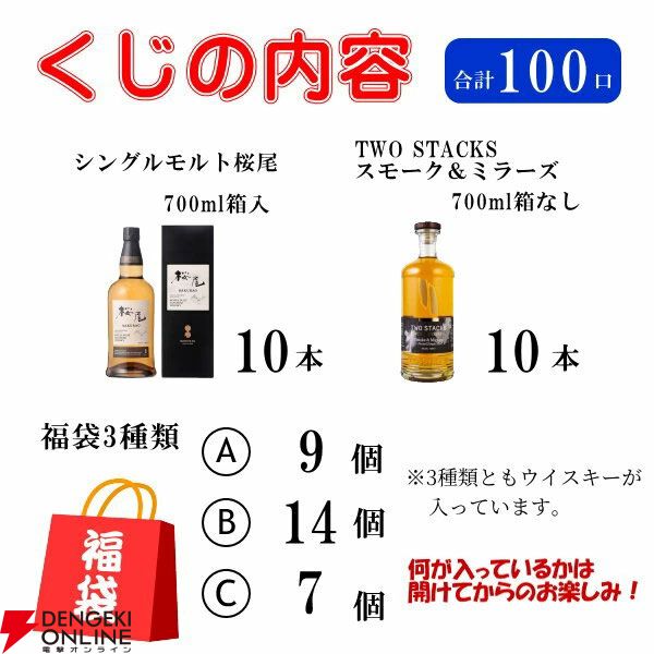 山崎NV、白州NV、響JHが合わせて約1/3で当たる6,765円の『ウイスキーくじ』が販売中。当たりは40％と高確率！
