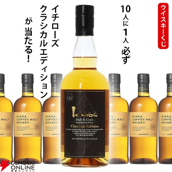 6,490円でイチローズモルト クラシカルエディションが1/10で当たる。ハズれはニッカ カフェモルトが届く『ウイスキーくじ』が販売中