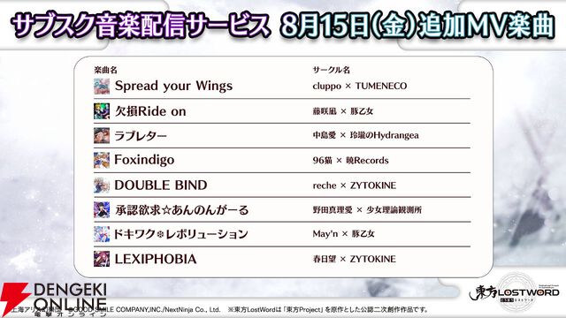 『東方ロストワード』MVプロジェクト楽曲の春日望×ZYTOKINE『LEXIPHOBIA』、May’n×豚乙女『ドキワク❆レボリューション』など8曲がサブスク解禁【東方LostWord】