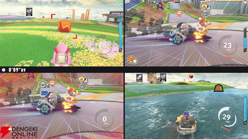 『カービィのエアライダー』本体1台で最大4人までの画面分割プレイが可能。2人対戦では縦分割か横分割かの選択ができる
