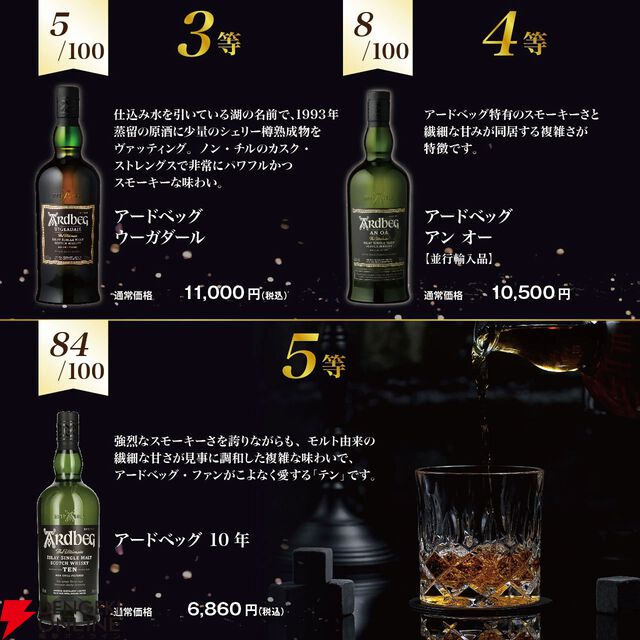 人気のアードベッグ限定くじが早くも第9弾の販売開始。アードベッグ スペクタキュラー、アードベッグ コリーヴレッカン・ウーガダール・アンオー・10年がラインナップ