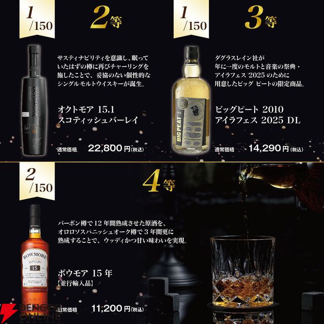 7,980円でボウモア25年 キングスバリー35周年、オクトモア15.1、ビッグピート アイラフェス2025などが当たる『アイラ限定ウイスキーくじ』が販売中