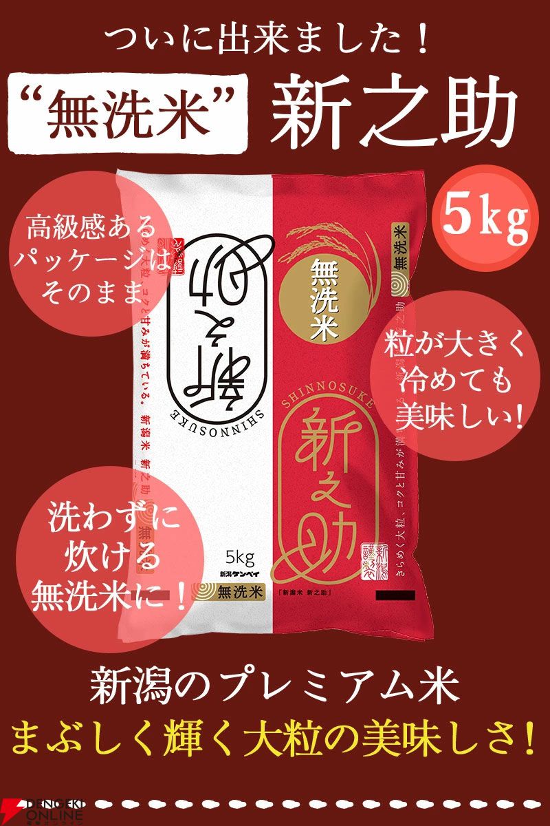 新潟令和6年産新之助（無洗米）が5kgで4,880円。豊かな甘みと