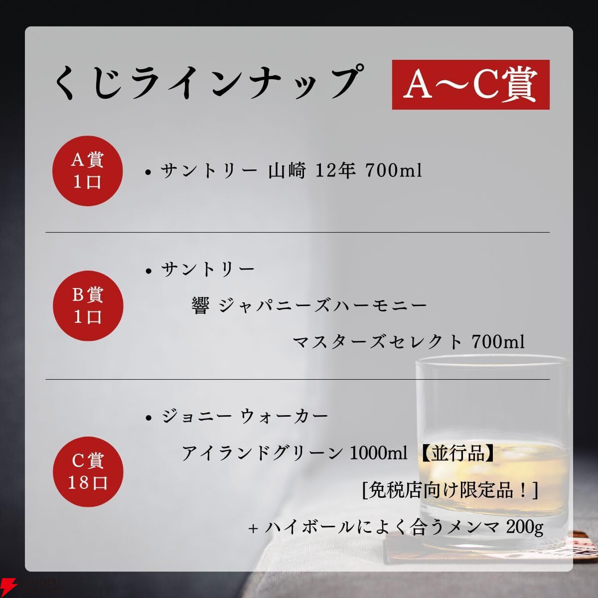 9,980円で山崎12年or響マスターズセレクトが1/10で当たる。末等でもが届くジョニーウォーカー アイランドグリーン1,000ml＋ハイボールによく合うメンマ200gセットが届く『ウイスキーくじ』が販売中